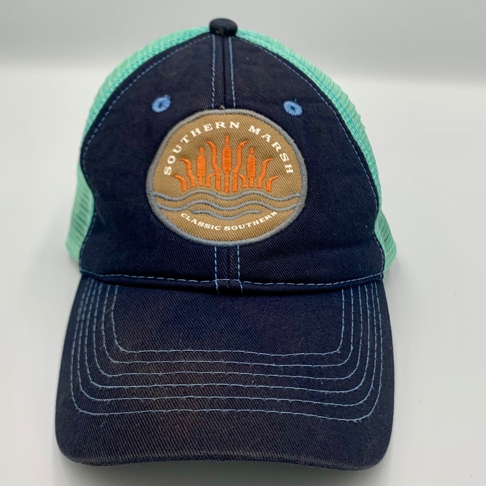 Southern Marsh Cattail Mesh Trucker Hat Blue Green Mallard Duck Fishing Hunting